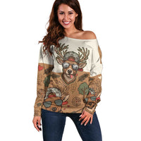 Valentine Buck Off Shoulder Sweater with Camo Cap and XOXO Pattern Retro Hunting