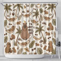 Chill Capybara Vibes Shower Curtain with Hammock and Coconut Tropical Relaxed Style