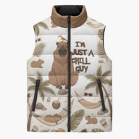 Chill Capybara Vibes Sleeveless Puffer Jacket with Hammock and Coconut Tropical Relaxed Style