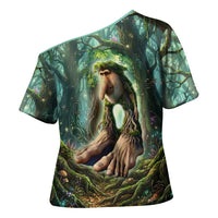 Brr Brr Patapim Cross Shoulder Shirt Glowing Heart and Magical Tree Roots in Enchanted Woods