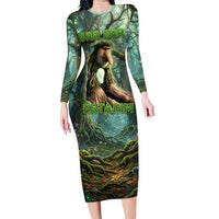 Brr Brr Patapim Long Sleeve Bodycon Dress Glowing Heart and Magical Tree Roots in Enchanted Woods