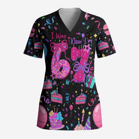 7th Birthday Girl Scrub Top with Cake Balloons Confetti and I Was 6 Now I'm 7