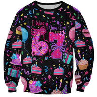 7th Birthday Girl Sweatshirt with Cake Balloons Confetti and I Was 6 Now I'm 7