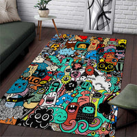 Happy Doodle Monsters Sticker Bomb Area Rug Funny Graffiti Style Cartoon