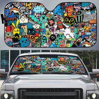 Happy Doodle Monsters Sticker Bomb Auto Sun Shade Funny Graffiti Style Cartoon