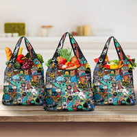 Happy Doodle Monsters Sticker Bomb Grocery Bag Funny Graffiti Style Cartoon