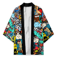 Happy Doodle Monsters Sticker Bomb Kimono Funny Graffiti Style Cartoon