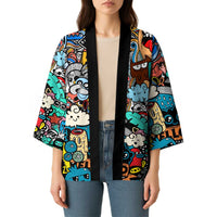 Happy Doodle Monsters Sticker Bomb Kimono Funny Graffiti Style Cartoon