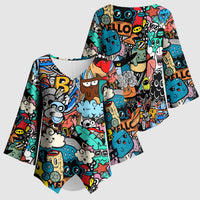 Happy Doodle Monsters Sticker Bomb Kimono Sleeve Blouse Funny Graffiti Style Cartoon