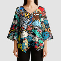 Happy Doodle Monsters Sticker Bomb Kimono Sleeve Blouse Funny Graffiti Style Cartoon