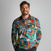 Happy Doodle Monsters Sticker Bomb Long Sleeve Polo Shirt Funny Graffiti Style Cartoon