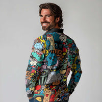 Happy Doodle Monsters Sticker Bomb Long Sleeve Polo Shirt Funny Graffiti Style Cartoon