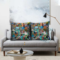 Happy Doodle Monsters Sticker Bomb Pillow Cover Funny Graffiti Style Cartoon