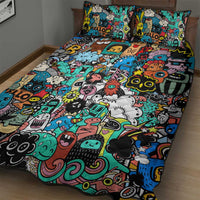 Happy Doodle Monsters Sticker Bomb Quilt Bed Set Funny Graffiti Style Cartoon