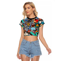 Happy Doodle Monsters Sticker Bomb Raglan Cropped T Shirt Funny Graffiti Style Cartoon