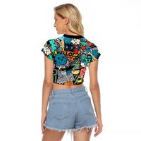Happy Doodle Monsters Sticker Bomb Raglan Cropped T Shirt Funny Graffiti Style Cartoon