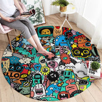 Happy Doodle Monsters Sticker Bomb Round Carpet Funny Graffiti Style Cartoon