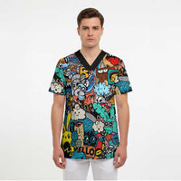 Happy Doodle Monsters Sticker Bomb Scrub Top Funny Graffiti Style Cartoon