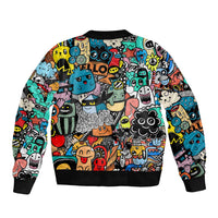 Happy Doodle Monsters Sticker Bomb Sleeve Zip Bomber Jacket Funny Graffiti Style Cartoon