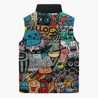 Happy Doodle Monsters Sticker Bomb Sleeveless Puffer Jacket Funny Graffiti Style Cartoon