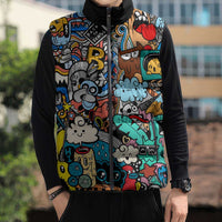 Happy Doodle Monsters Sticker Bomb Sleeveless Puffer Jacket Funny Graffiti Style Cartoon