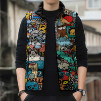 Happy Doodle Monsters Sticker Bomb Sleeveless Puffer Jacket Funny Graffiti Style Cartoon