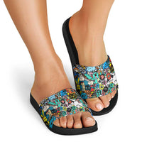 Happy Doodle Monsters Sticker Bomb Slide Sandals Funny Graffiti Style Cartoon