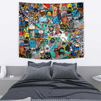 Happy Doodle Monsters Sticker Bomb Tapestry Funny Graffiti Style Cartoon