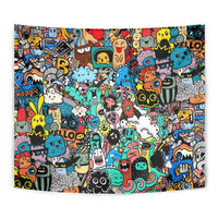 Happy Doodle Monsters Sticker Bomb Tapestry Funny Graffiti Style Cartoon