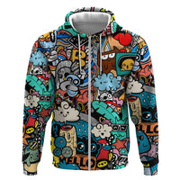 Happy Doodle Monsters Sticker Bomb Zip Hoodie Funny Graffiti Style Cartoon