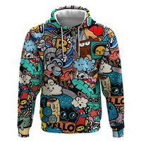 Happy Doodle Monsters Sticker Bomb Zip Hoodie Funny Graffiti Style Cartoon
