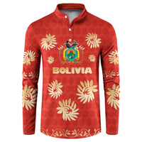 Bolivia National Emblem Button Sweatshirt with Floral Pattern and Red Folk Design