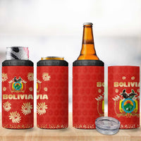 Bolivia National Emblem 4 in 1 Can Cooler Tumbler with Floral Pattern and Red Folk Design