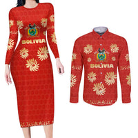 Bolivia National Emblem Couples Matching Long Sleeve Bodycon Dress and Long Sleeve Button Shirt with Floral Pattern and Red Folk Design