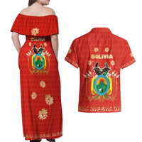 Bolivia National Emblem Couples Matching Off Shoulder Maxi Dress and Hawaiian Shirt with Floral Pattern and Red Folk Design