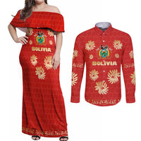 Bolivia National Emblem Couples Matching Off Shoulder Maxi Dress and Long Sleeve Button Shirt with Floral Pattern and Red Folk Design