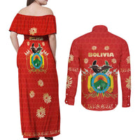 Bolivia National Emblem Couples Matching Off Shoulder Maxi Dress and Long Sleeve Button Shirt with Floral Pattern and Red Folk Design