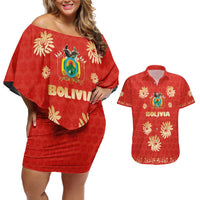 Bolivia National Emblem Couples Matching Off Shoulder Short Dress and Hawaiian Shirt with Floral Pattern and Red Folk Design