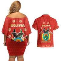 Bolivia National Emblem Couples Matching Off Shoulder Short Dress and Hawaiian Shirt with Floral Pattern and Red Folk Design