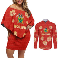 Bolivia National Emblem Couples Matching Off Shoulder Short Dress and Long Sleeve Button Shirt with Floral Pattern and Red Folk Design