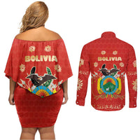 Bolivia National Emblem Couples Matching Off Shoulder Short Dress and Long Sleeve Button Shirt with Floral Pattern and Red Folk Design