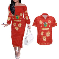 Bolivia National Emblem Couples Matching Off The Shoulder Long Sleeve Dress and Hawaiian Shirt with Floral Pattern and Red Folk Design