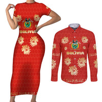 Bolivia National Emblem Couples Matching Short Sleeve Bodycon Dress and Long Sleeve Button Shirt with Floral Pattern and Red Folk Design