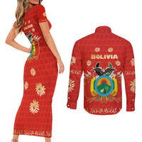 Bolivia National Emblem Couples Matching Short Sleeve Bodycon Dress and Long Sleeve Button Shirt with Floral Pattern and Red Folk Design