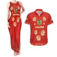 Bolivia National Emblem Couples Matching Tank Maxi Dress and Hawaiian Shirt with Floral Pattern and Red Folk Design