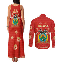 Bolivia National Emblem Couples Matching Tank Maxi Dress and Long Sleeve Button Shirt with Floral Pattern and Red Folk Design