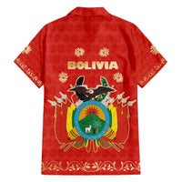 Bolivia National Emblem Family Matching Off The Shoulder Long Sleeve Dress and Hawaiian Shirt with Floral Pattern and Red Folk Design
