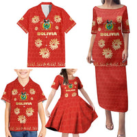Bolivia National Emblem Family Matching Puletasi and Hawaiian Shirt with Floral Pattern and Red Folk Design