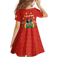 Bolivia National Emblem Family Matching Short Sleeve Bodycon Dress and Hawaiian Shirt with Floral Pattern and Red Folk Design