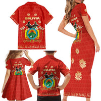 Bolivia National Emblem Family Matching Short Sleeve Bodycon Dress and Hawaiian Shirt with Floral Pattern and Red Folk Design